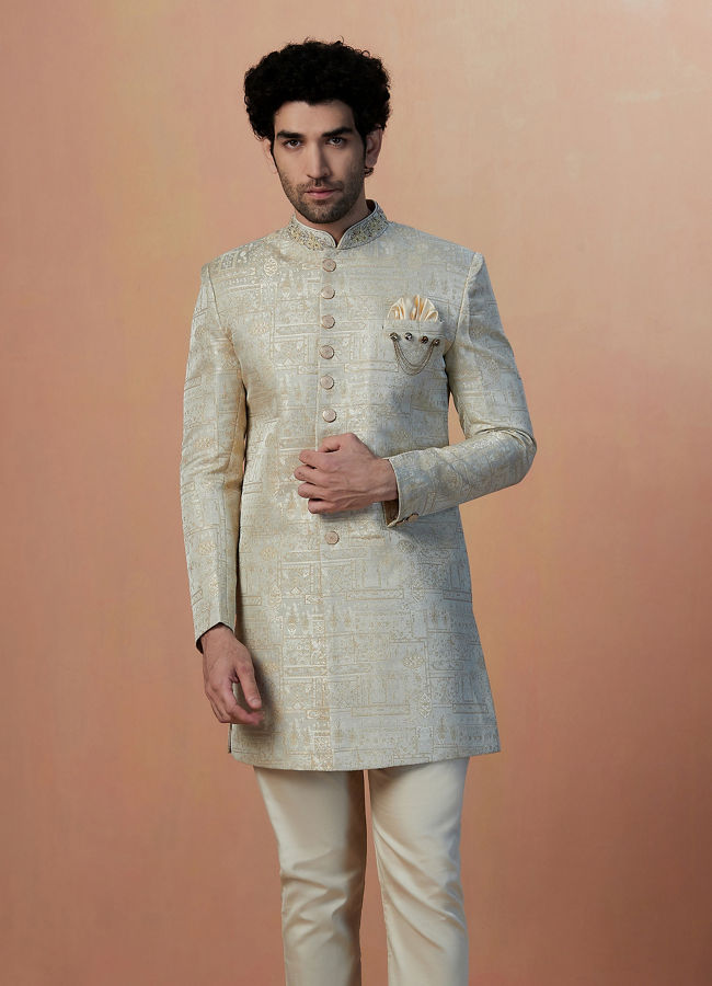 alt message - Manyavar Men Cream Self Design Indo Western image number 1